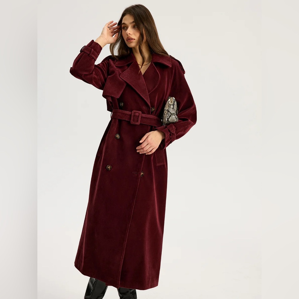 Commense Belted Double-Breasted Suede Effect Long Trench Coat - Picture 12 of 16